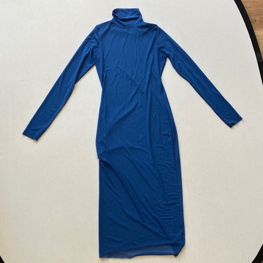 Sleek Long Sleeve Shirt mesh Turtleneck Maxi Dress in Royal Blue